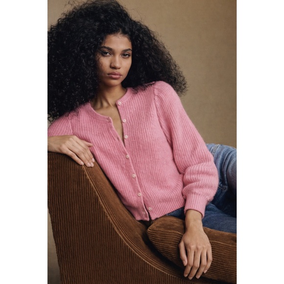 J. Crew | Wool Alpaca Baby Pink Puff Sleeve Cardigan Sweater ~ Large - Picture 3 of 11